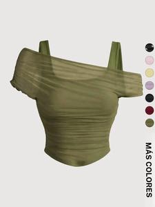 Top corto fruncido con cuello asimétrico para mujer – blusa de malla moderna para club, nochecita y vacaciones
