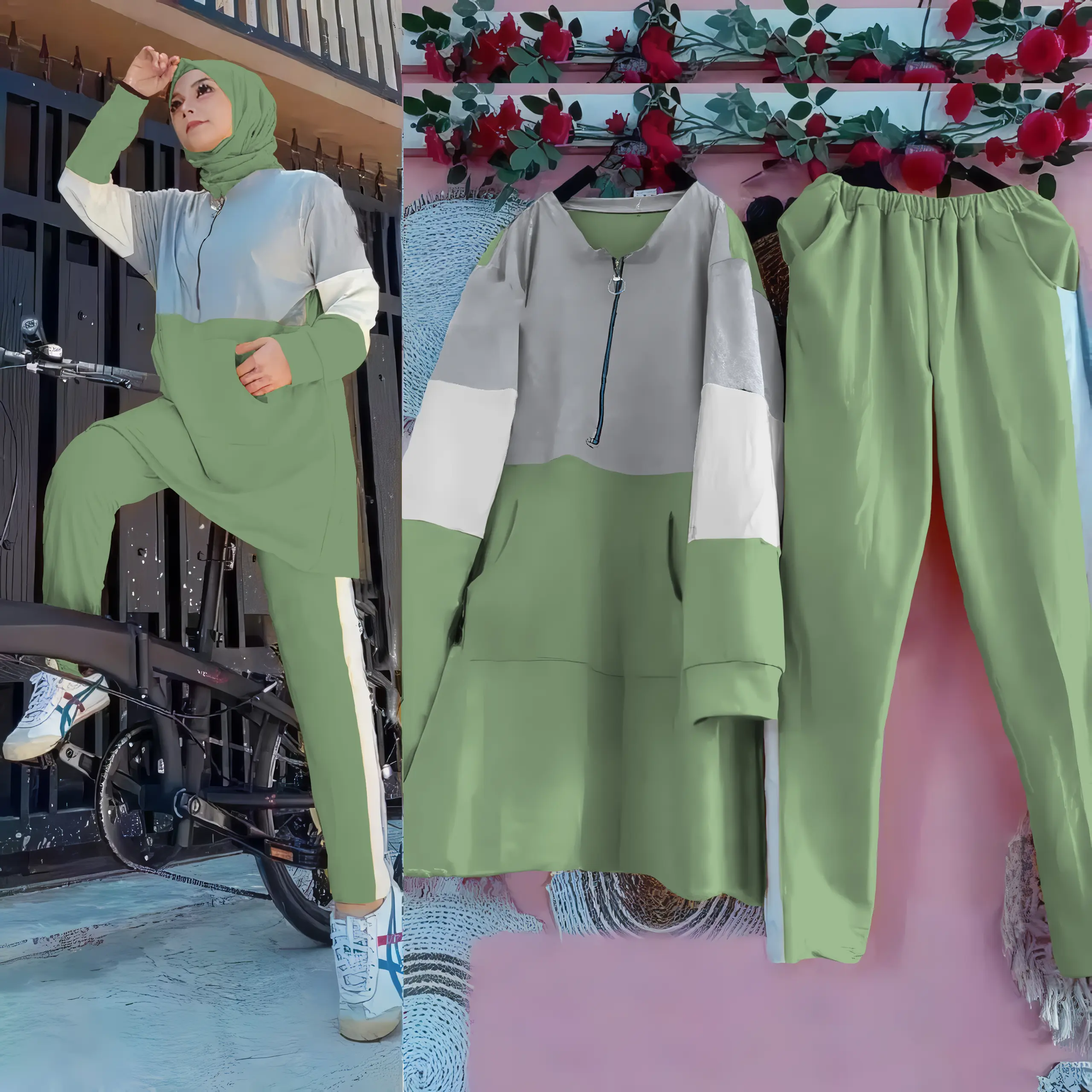 Setelan Olahraga Wanita Jumbo - Baju Olahraga Kaos Muslimah - Setelan Senam Sepeda Gowes Lari Kombinasi 3 Warna / LAZY Celana