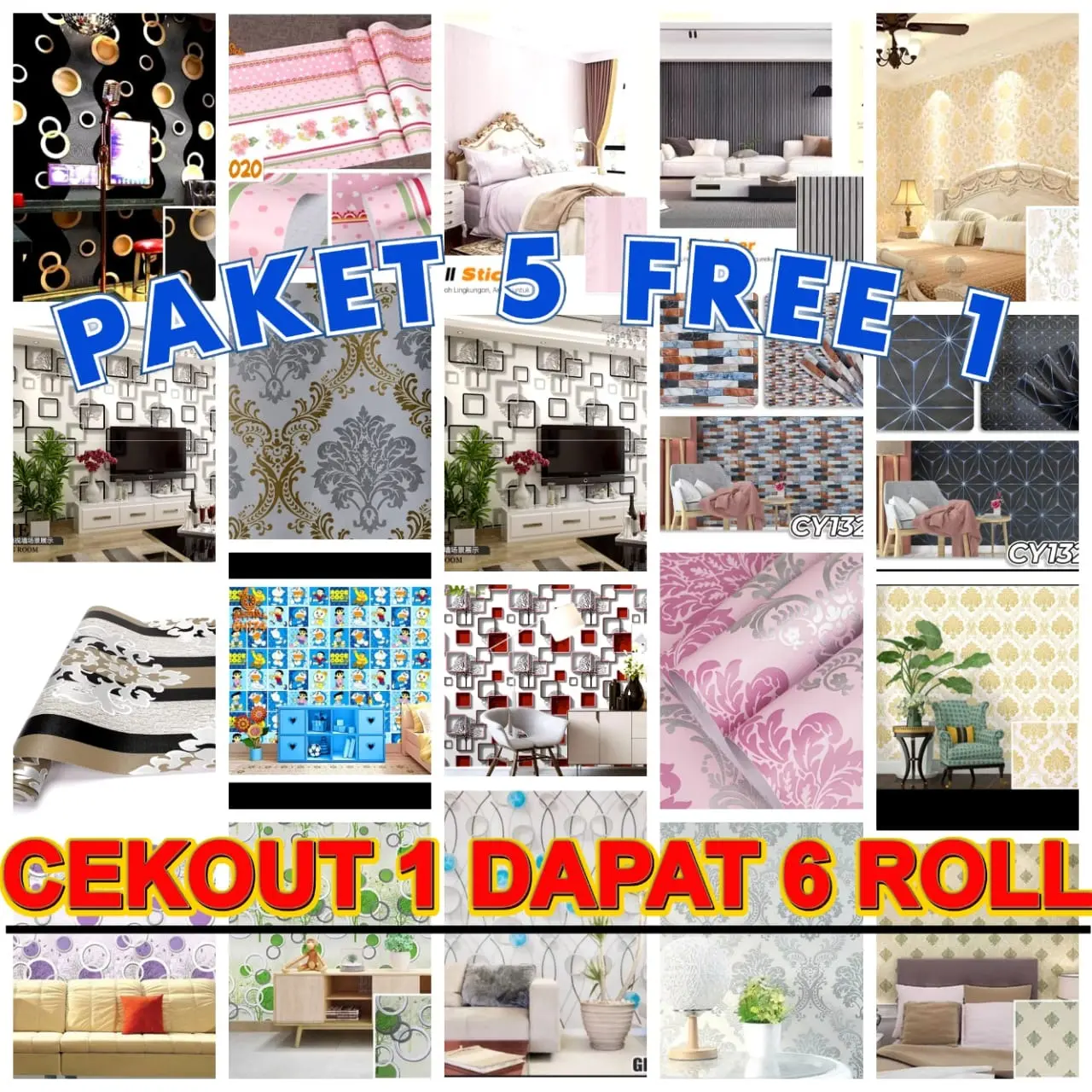 BISA COD!!! Paket 5 Roll Free 1 Roll Wallpaper Stiker Dinding Premium Anti Air PVC Motif Variasi Lebar 45 cm x Panjang 4,5 sd 5 meter untuk Kamar Tidur & Ruang Lain