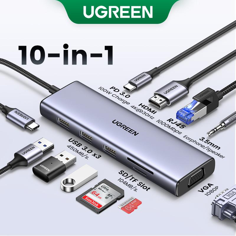 UGREEN USB C Hub 10 in 1 Type C Hub with Ethernet 4K USB C to HDMI VGA PD Power Delivery 3 USB 3.0 Ports USB C to 3.5mm SD/TF Cards Reader compatible for MacBook/Pro/Air Model: 80133