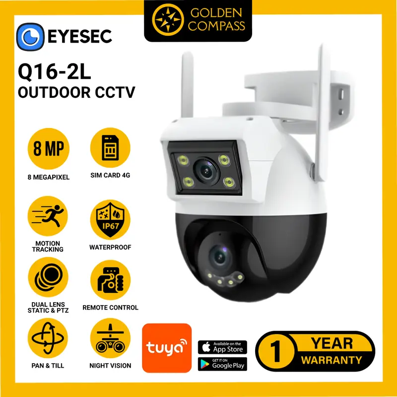 EYESEC CCTV Outdoor WiFi 8MP Dual Lens Waterproof IP Camera 360° PTZ Kamera HP Jarak Jauh Garansi 1 Tahun Golden Compass 0