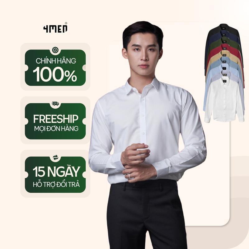 Áo sơ mi nam tay dài trơn đẹp 4MEN SM088 lụa chéo hạn chế nhăn, mềm mịn, form tailored rộng công sở trẻ trung, giá rẻ
