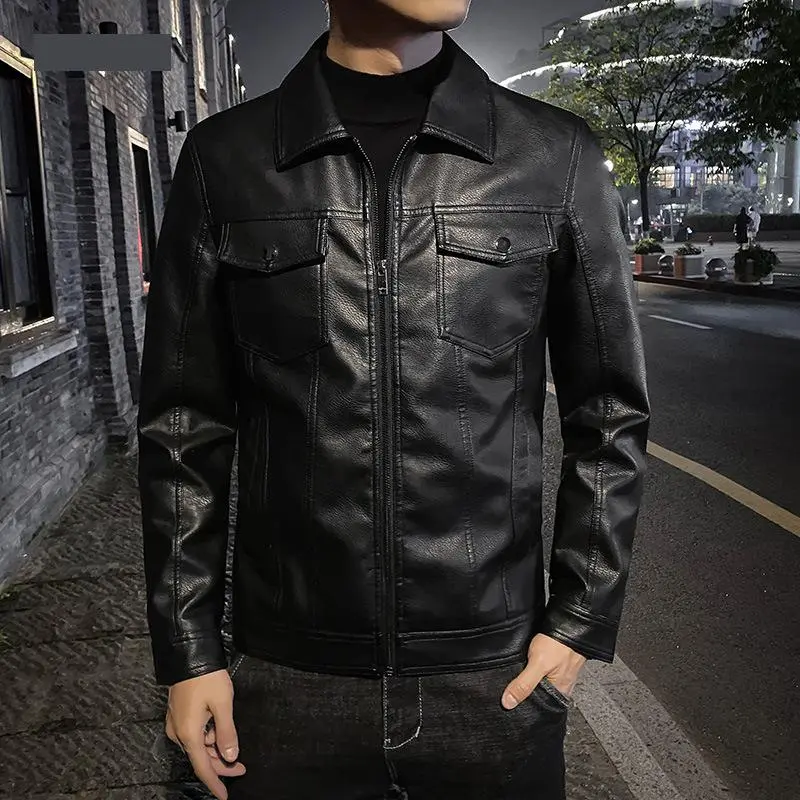 QnX - Jaket Kulit Pria Casual Autumn And Winter Men's Jacket Casual Leather Jacket Black Motorcycle 1
