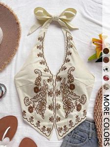 Camiseta halter bordada estilo vacaciones, top corto de cuello en v entallado para citas, la playa y festivales de música
