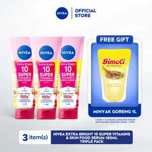 (PAKET HEMAT ISI 3) NIVEA Body Serum Extra Bright 10 Super Vitamins SPF15 180ml - Hand body serum moisturizer menyamarkan noda flek hitam dark spot mencerahkan kulit kusam badan glowing brightening tone up lembap - 10x Vitamin C, Niacinamide, Pomegranate
