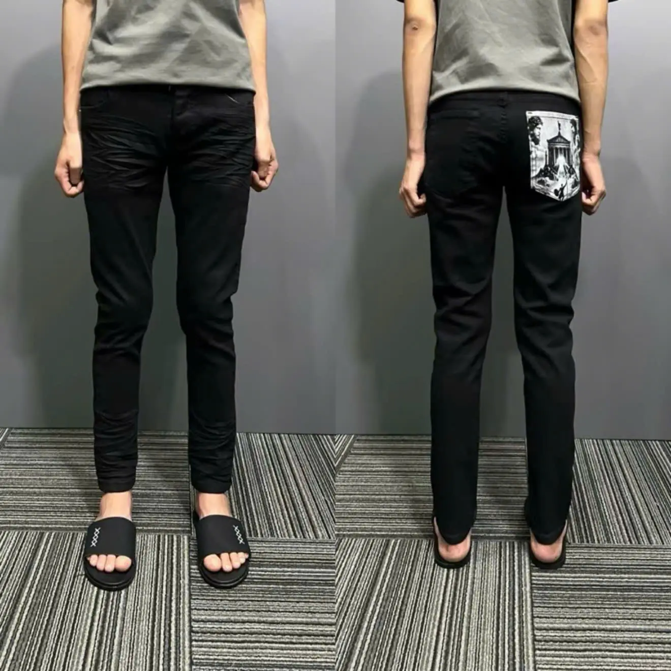 tổng hợp các mẫu quần jeans nam đen trơn thêu túi hình có bốn cúc