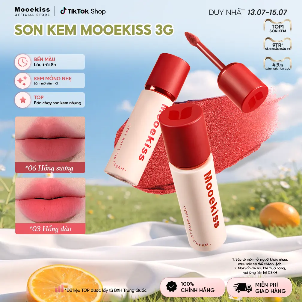 Mooekiss Matte Velvet Lip Cream Không Dính Cốc, Mịn Môi, Mờ Vân Môi, Giữ Màu Son 8h Trang điểm Môi 8 Màu 3g