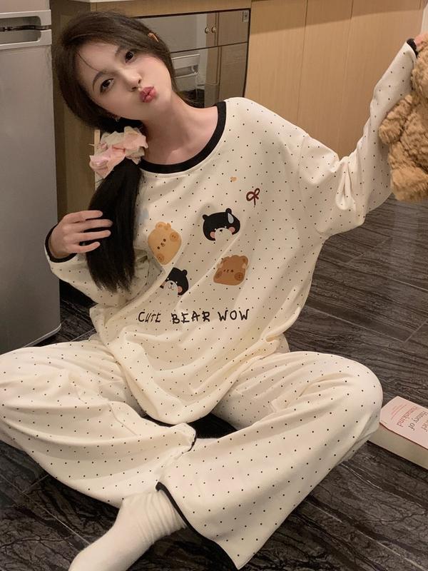  Bộ Ngủ Nữ Bộ Mặc Nhà Tay Dài Quần Dài Chất Nỉ Da Cá Họa Tiết Gấu Chấm Bi Dễ Thương Phong Cách Hàn Quốc 