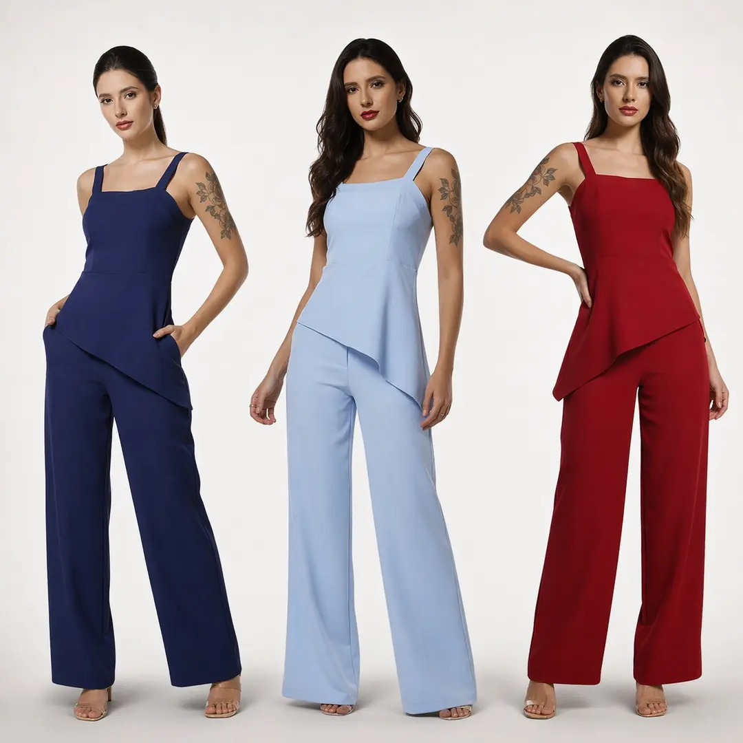 (P AO G3) Conjunto de blusa de alça grossa e calça elegante feminina social alfaiataria casual #569-668
