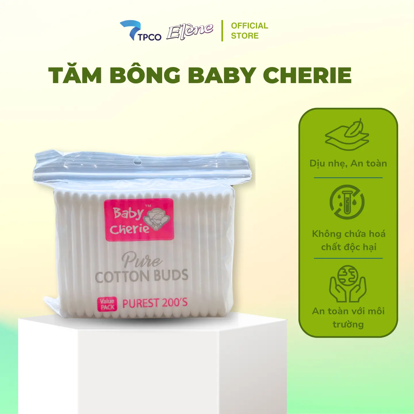 Tăm Bông Elene Baby Cherie Pure Gói 200 Cái Kháng Khuẩn, An Toàn