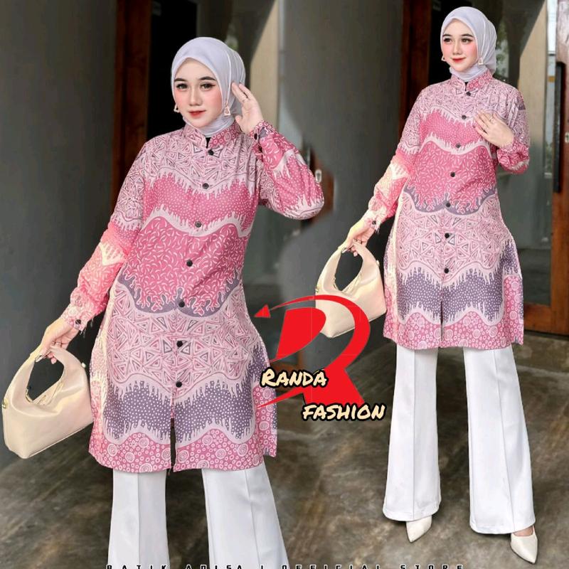 Tunik batik modern Tunik wanita motif Tarbaru seragam guru wanita baju atasan tunik kancing depan busui friendly Katun Panjang Dewasa Remaja Kain Kerja Dress Muslim 8