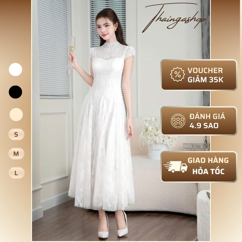 Đầm Dự Tiệc Cổ Tròn Dáng Dài Chất Ren Cao Cấp Xòe Bồng Sang Chảnh Màu Kem Trắng Đen Size S M L Thiết Kế Tôn Dáng - D1444