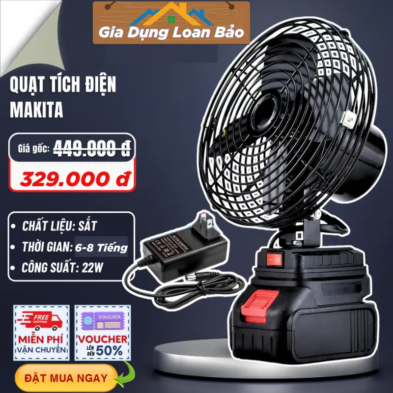 [ Hàng Loại 1 ] Quạt Tích Điện Lồng Sắt Cánh Sắt  Pin 10 Cell Dùng Liên Tục 8H, Quạt Makita Để Bàn 2 Cấp Độ Gió Siêu Mát