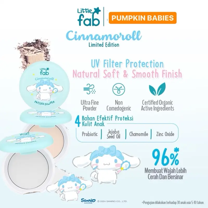 Little Fab Kids Pressed Powder Anti UV Compact | Limited Edition Cinnamoroll Bedak Anak Sanrio Makeup Anak Cinamonroll Bedak Padat Anak Sekolah Remaja 0