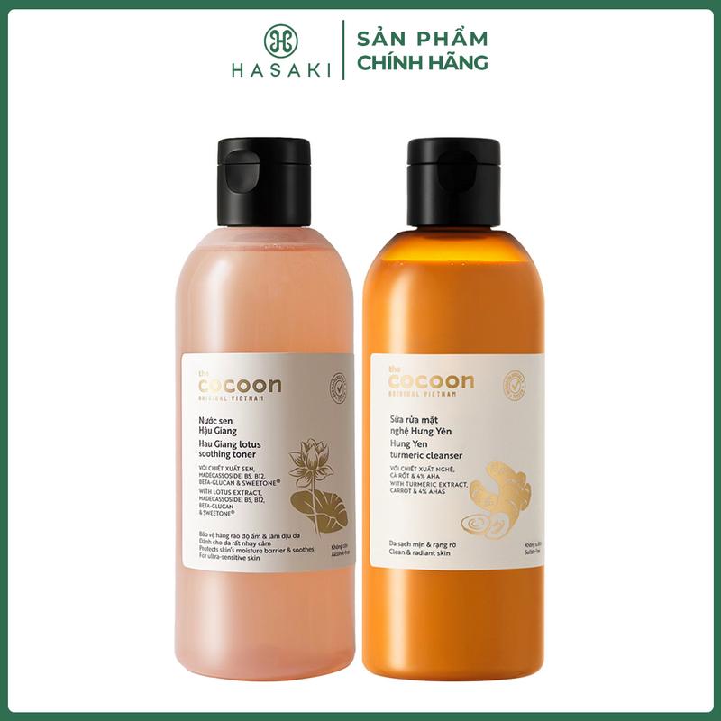 Combo Cocoon Nước Cân Bằng Sen Hậu Giang + Sữa Rửa Mặt Nghệ Hưng Yên 310mlx2 | HASAKI BEAUTY
