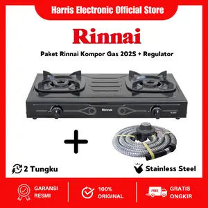 Rinnai Paket Kompor Gas 2 Tungku RI 202S & Selang Regulator Miyako RMS-206M Hemat Gas 20% SNI Garansi Resmi