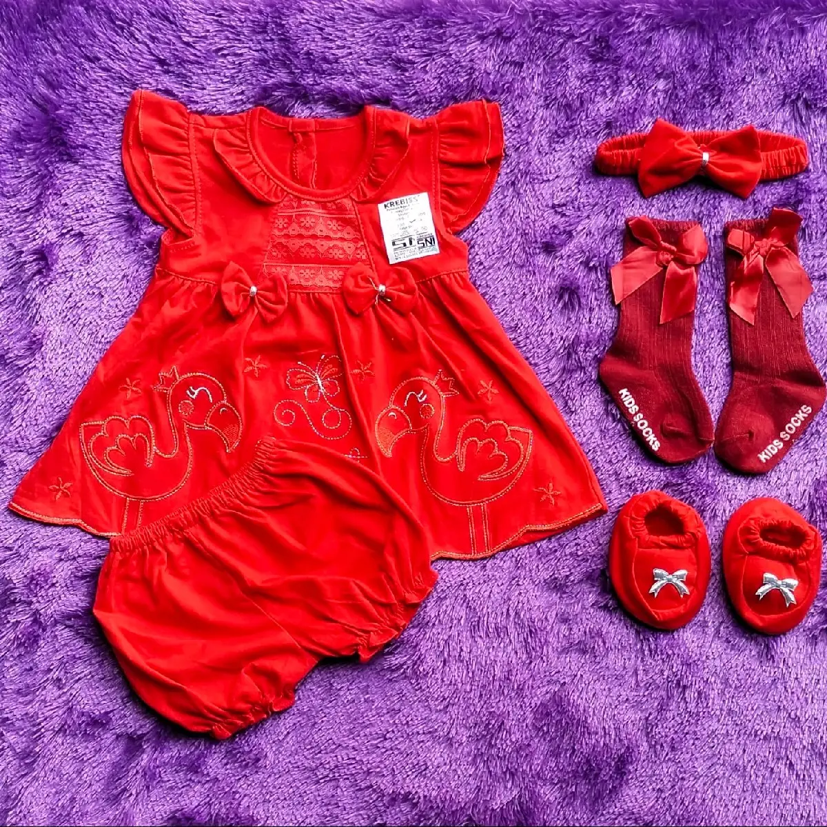 Dress bayi merah/dress natal/gaun bayi perempuan merah set/dress lebaran/gaun bayi Newborn/dress bayi flamingo/baju bayi set bandana dan sepatu/baju stelan bayi baru lahir/ Fashion/PURPLE BABY Parsel Cewek
