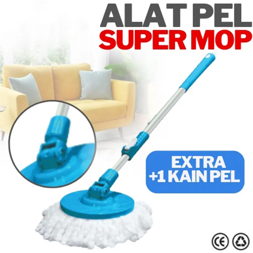 Tongkat Pel Kain Pel Set Mop Stick Set with Headmop Gagang Pel Putar Pengganti untuk Lantai 360 Derajat Gagang Pel Lantai Putar Versi Pedal Tanpa Kaki Gagang Alat Pembersih