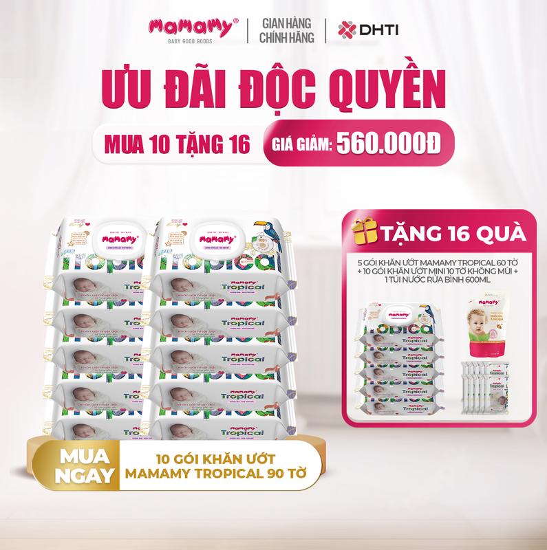 [NKD][MUA 10 TẶNG 16] MUA 10 gói khăn ướt Mamamy Tropical 90 tờ TẶNG 5 gói khăn ướt Mamamy Tropical 60 tờ + 10 gói khăn ướt mini 10 tờ không mùi + 1 túi nước rửa bình 600ml