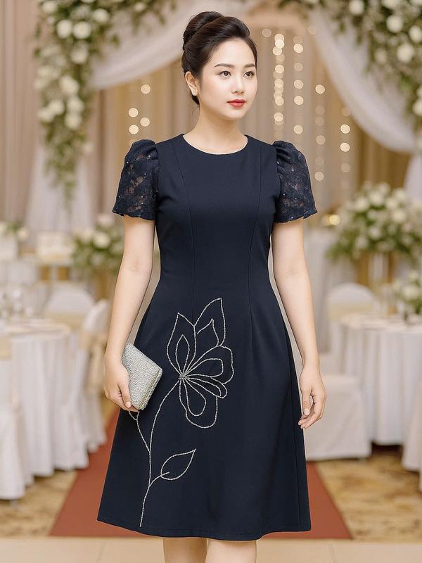 Đầm Nữ Dáng Xòe Dáng A Thiết Kế Dự Tiệc Dạo Phố Thanh Lịch Sang Trọng Họa Tiết Đinh Hạt Sang Trọng Xanh Đen - Đen - Đỏ Đủ Size