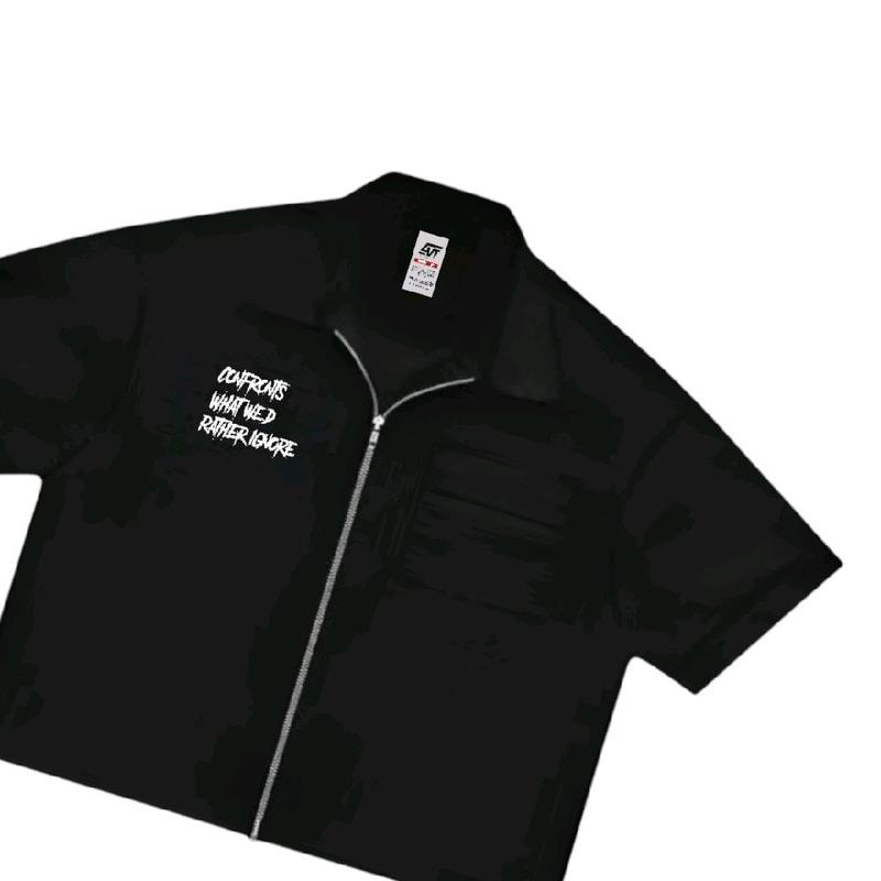 Giovent Work Shirt Zipper Boxy Kameja Kerja Casual Black "metalicaIgnore" 2