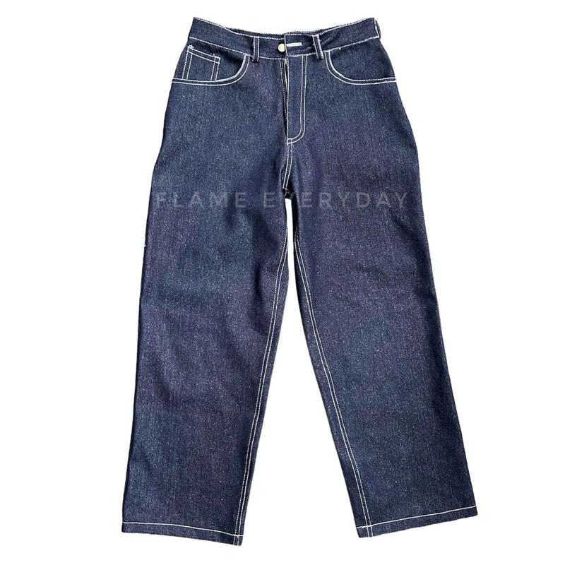 Product Introduction of Flame Everyday Celana Denim Y2K Baggy Wideleg Gombrong Raw Denim 13oz Hitam Jeans Panjang 60