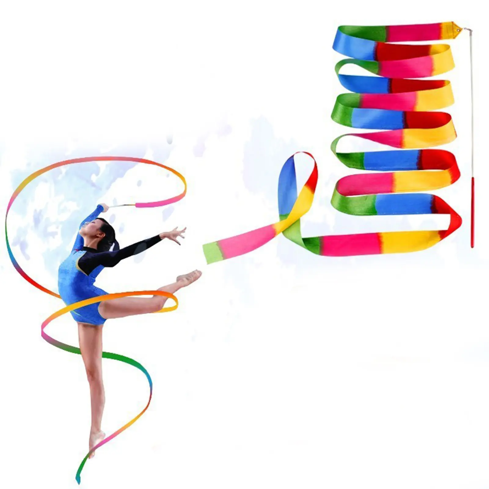 2 Meters Colorful Gym Dance Ribbon Art Gymnastics Ballet Streamer Twirling Rod Rainbow Ribbon Stick Yoga Dancing Sports Training Equipment
