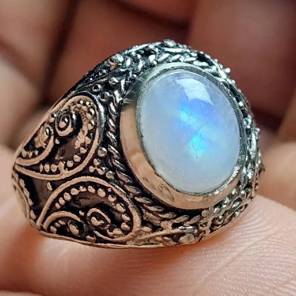Cincin Batu Biduri Bulan Kristal 10mm Natural / Cincin Pria Moonstone Biduri Laut Ceylon Srilanka Elegan