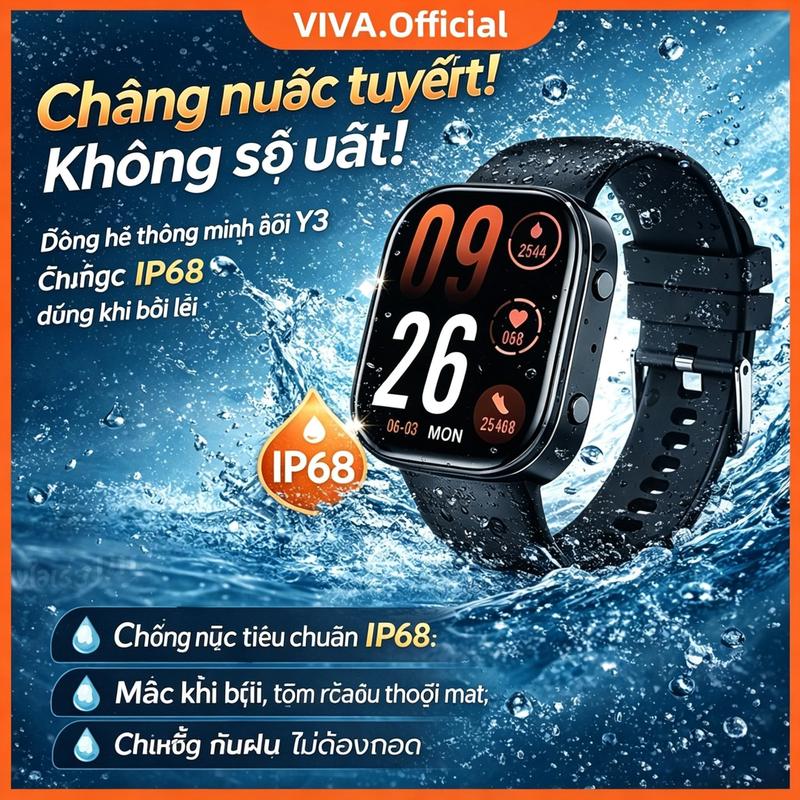 【Vinh Bánh Bò】Đồng hồ thông minh Y3 màn hình lớn 1.88", nhận cuộc gọi, theo dõi sức khỏe đầy đủ, pin bền, chống nước đạt chuẩn IP68