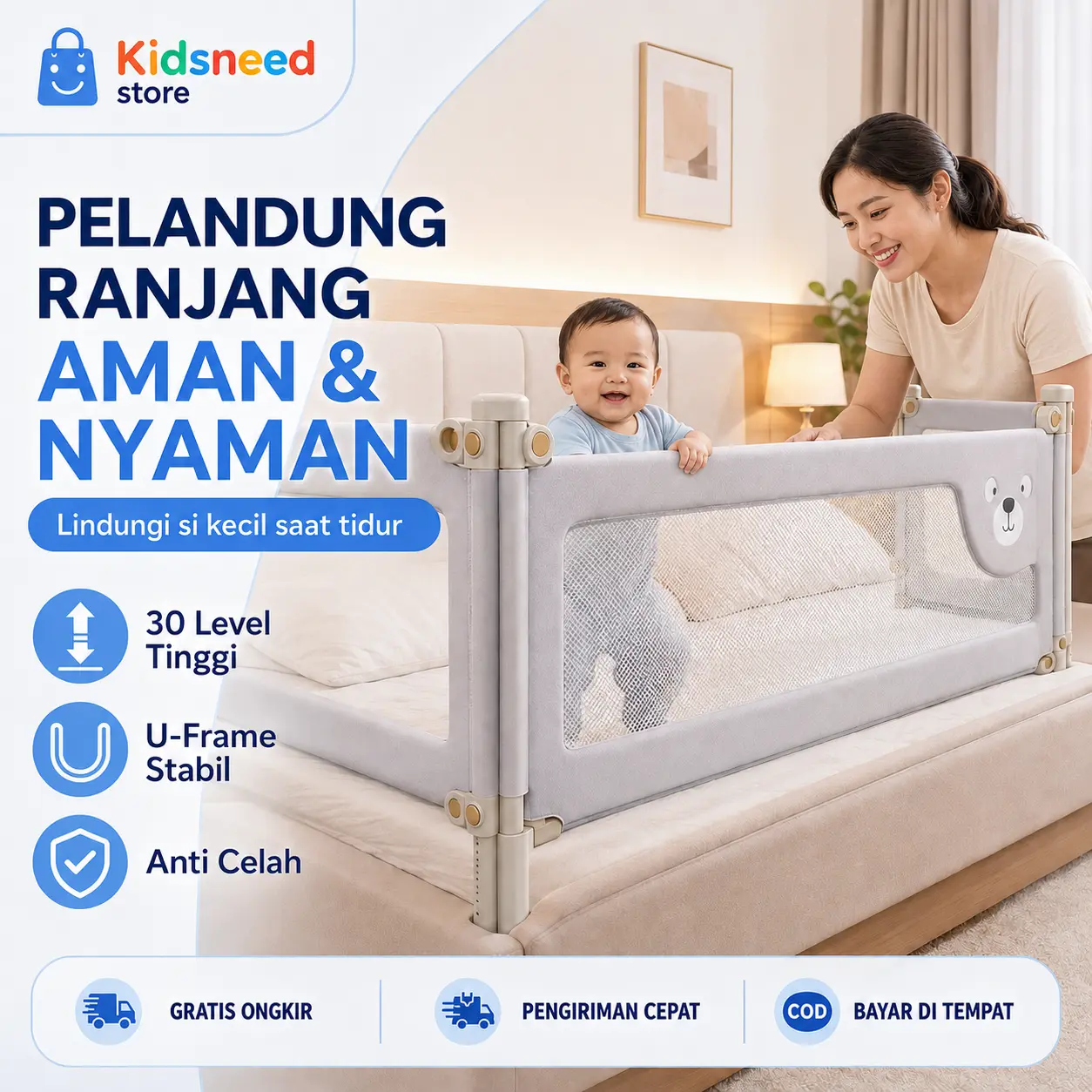 【Konektor gratis】Pagar Tidur Anti Jatuh Bayi dengan Batang Pelindung Tunggal - Bedrail  Pagar tepi kasur anak anti jatuh penghalang tepi kasur anti turun pagar pelindung bayi sisi tunggal batang pagar pelindung kasur naik turun bed rail