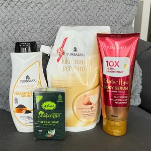 PAKET 4 Perawatan Tubuh Purbasari Lulur Mandi Pengantin Bengkoang 500gr + Hand&Body Lotion Habbatussauda 200ml + Gluta-Hya Body Serum 180ml + Nalpamara Herbal Soap