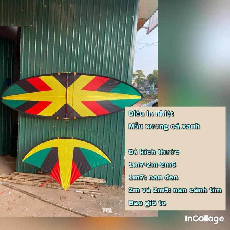 Diều in nhiệt- 1m7-2m-2m5 -mẫu xương cá xanh. 2m và 2m5 nan cánh tím . Sản phẩm bao gồm áo diều và khung diều