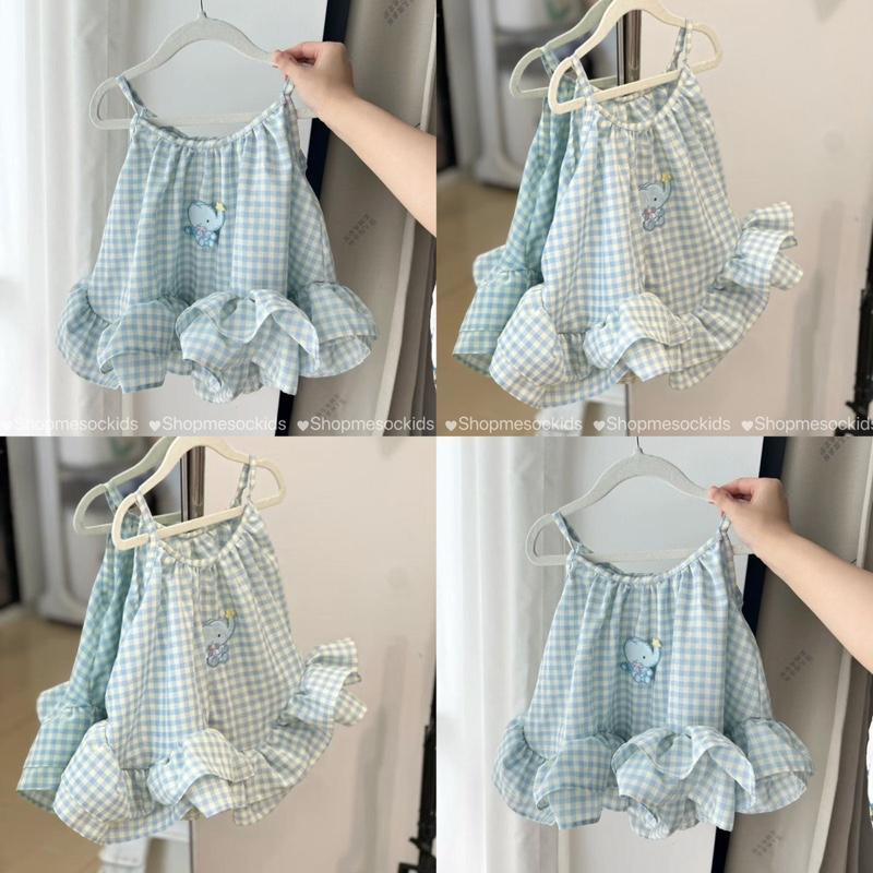 Shopmesockids Váy hè,Váy babydoll kẻ caro xanh Chú Voi cho bé gái