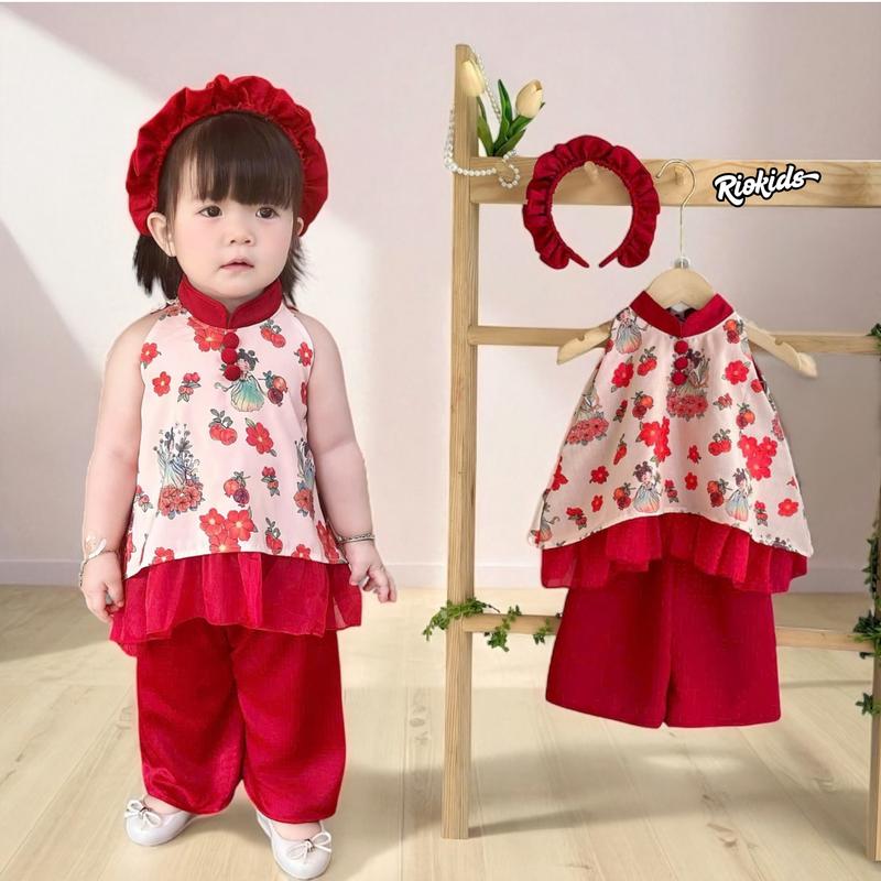 BG18 Bộ áo yếm quần xuông lụa đỏ RIOKIDS, áo quần váy bé gái xinh xắn, Lễ Tết, Trung Thu