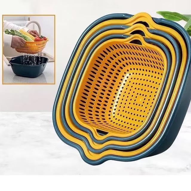  ￼Set 6 món rổ kèm chậu bộ 3 rổ và chậu thau nhựa rửa rau củ đựng hoa quả trái cây 2 lớp hình tròn chất liệu nhựa PP 