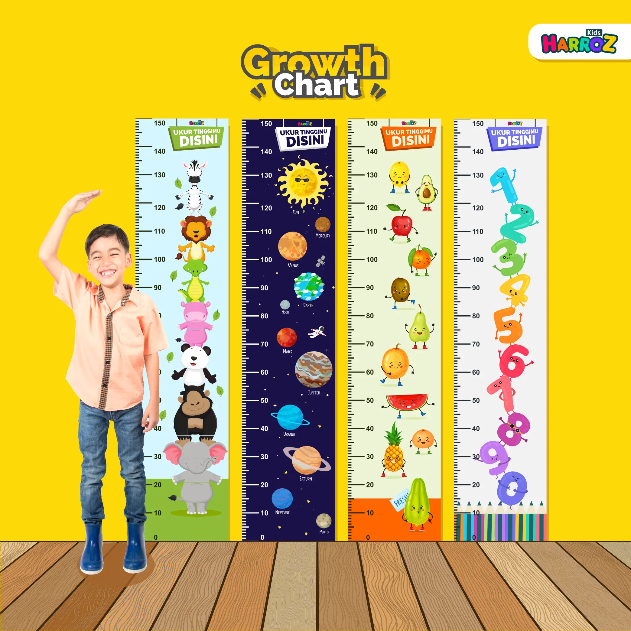 Growth Chart Pengukur Tinggi Badan Anak + Perekat Lem Double Tape Kuat Waterproof Pilihan Tema Dino Planet Astronot Buah Angka Alphabet Hijaiyah Sea World Animal Hewan Bunga Matahari Flower