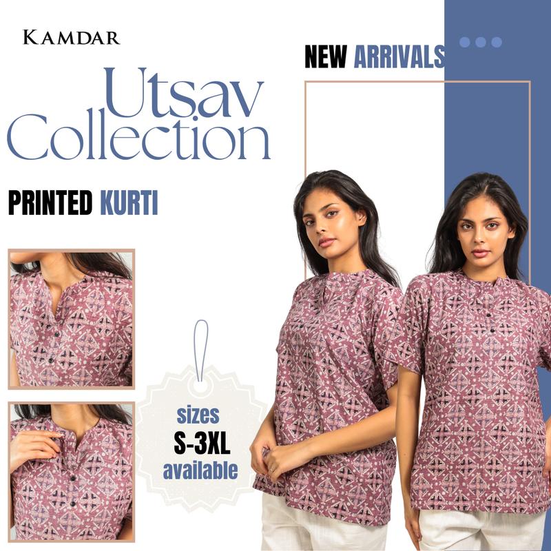 KAMDAR Printed Kurti/Top With Mandarin Collar 3 Button for Women ...