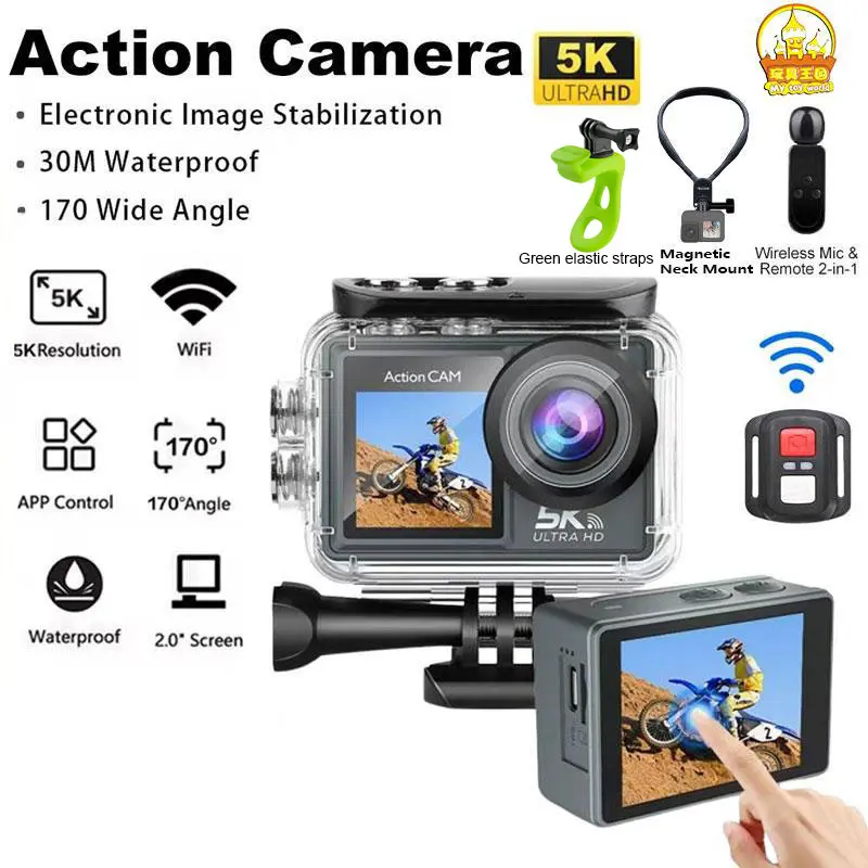 AT-M40R 5K HD 50MP WiFi Action Camera 170° Wide Angle Waterproof Photographic Cameras For Camping Outdoor Sports Diving 32G Memory card  2.0 Inch Sport Action for Full Set Travel with accessories Waterproof Outdoor Screen Usb Storage