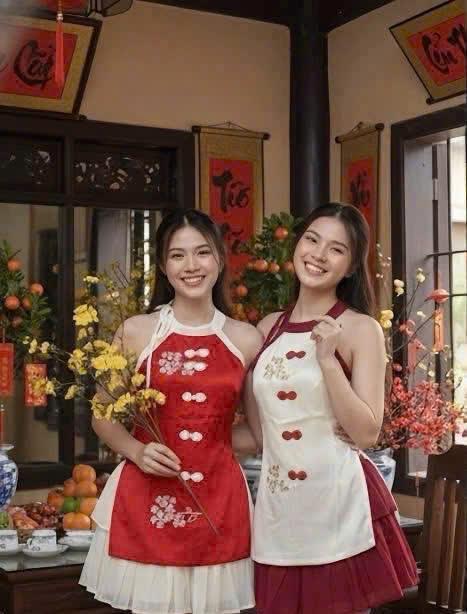 Sét đồ nữ nữ mặc tết áo cổ yếm thêu hoa đính nút mây xẻ tà hai bên phối chân váy ngắn xòe trẻ trung nữ tính