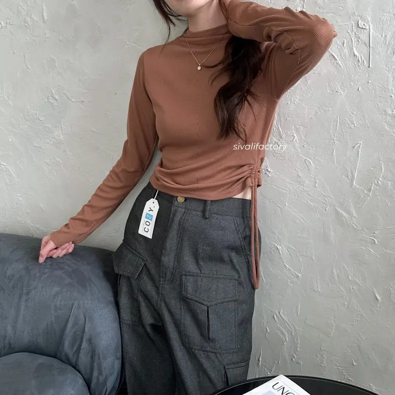 Nicole Top- Atasan Knit Wanita Lengan Panjang Inner Rajut Turtleneck Korea - Crop Top Tali Serut 0