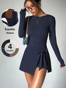Vestido de tenis de color sólido con espalda de corredor para mujer, vestido casual cómodo y transpirable de manga larga para uso diario al aire libre, ropa de damas para todas las estaciones