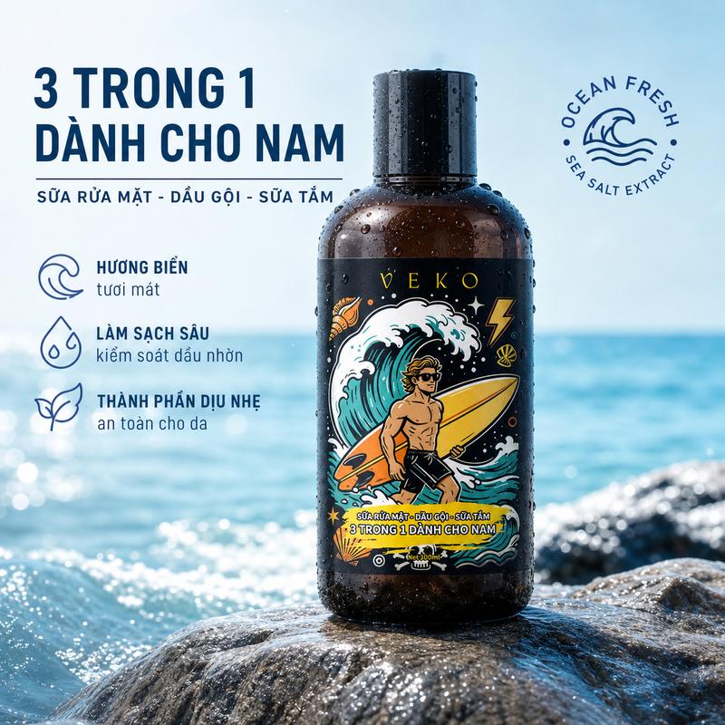 Jeu'Demeure Sữa tắm – Dầu gội – Sữa rửa mặt 3 trong 1 hương thơm VEKO dành cho nam kiểm soát dầu hiệu quả làm sạch sâu lưu hương lâu dài chỉ một chai duy nhất cho cả tắm gội và rửa mặt