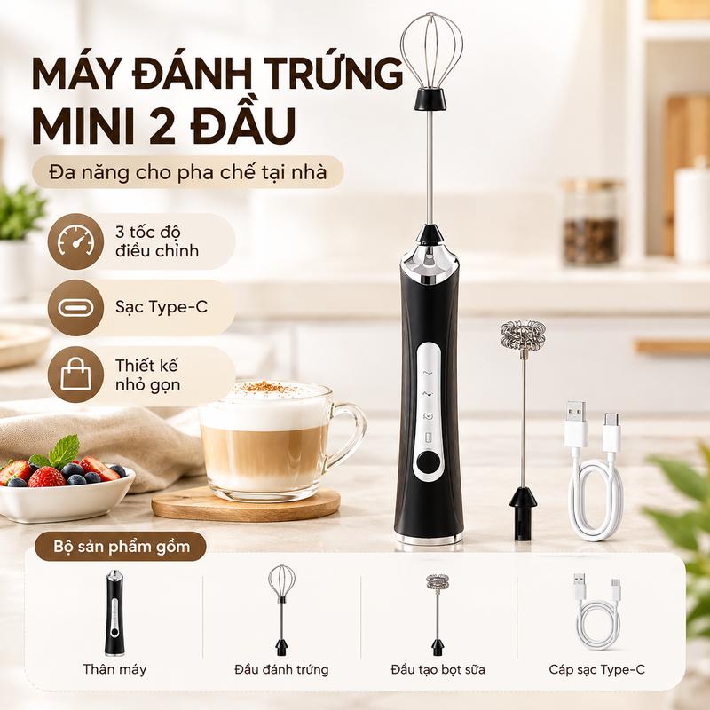 Máy Đánh Trứng Mini Cầm Tay 2 Đầu, 3 Tốc Độ, Sạc Type-C, Đánh Trứng Tạo Bọt Sữa Pha Cà Phê Làm Bánh, Màu Đen