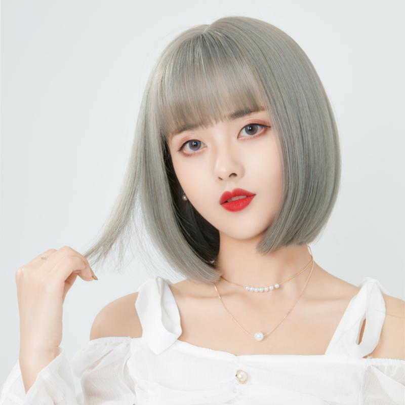 Wig Female Short Hair Bobo Grandma Gray Wave Head Round Face Hair Cover Full Head Cover Air Bangs Straight Hair Natural 0