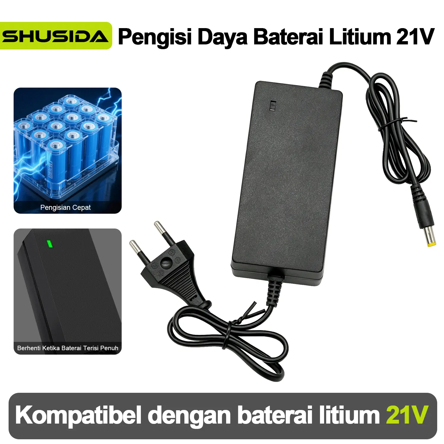 SHUSIDA Charger Baterai Lithium 21V - Pengisian Cepat & Auto Stop, Chip Pintar, Anti Panas, Kompatibel 21V | Fast Charger