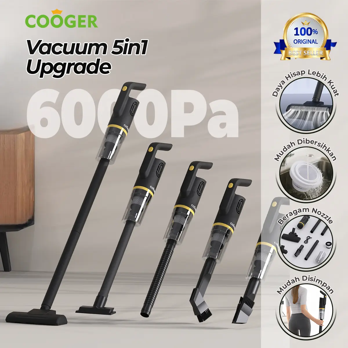 freemirxCOOGER Vacuum Cleaner 5in1 Upgrade Portabel Daya Hisap 6000Pa Penyedot Debu Multifungsi Serbaguna Penghisap Debu Kasur Lantai Meja Sofa Mobil