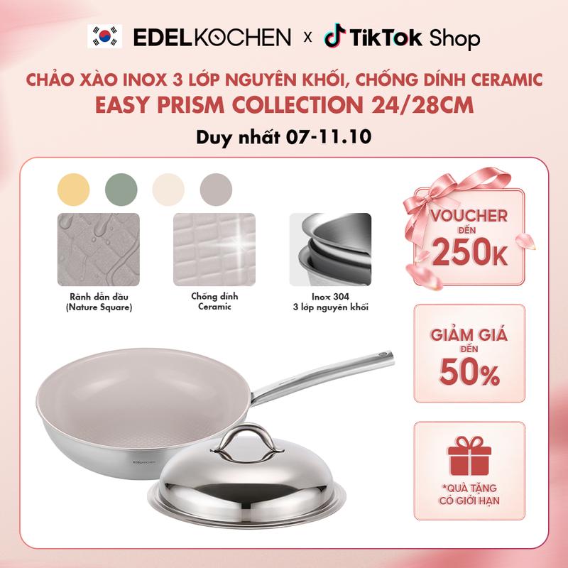 Chảo xào, chảo sâu lòng inox 304 -3 lớp nguyên khối cao cấp, chống dính ceramic Easy Prism Collection 24/28cm - chảo rán xào có nắp, tay cầm Chảo rán xào Non-Toxic Pans & Woks chảo chống dính chaoinox