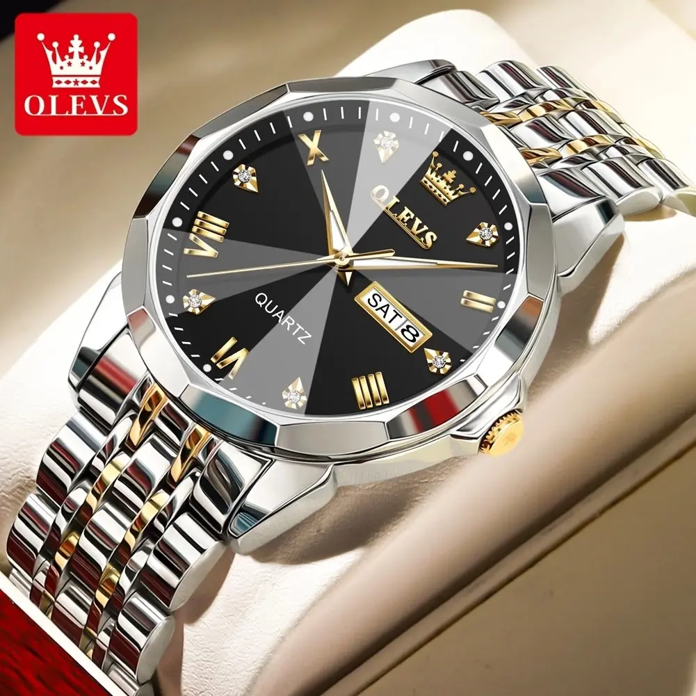 Olevs Jam Tangan Pria 9931 Original Anti Air Rantai Luxury Kalender Analog Luminous Man Watch Rantai Stainless Bentuk Tampilan Kaca