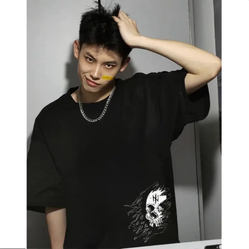 【100% Katun 20s】Skeleton T-shirt Atasan Baju Kaos Oversize Pria Hitam Dewasa Distro Lengan Pendek Keren Premium Street Style Round Neck C084 Motif Cowok Santai 5