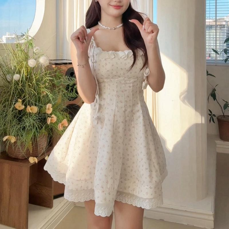 Đầm linen hoa nhí hoạ tiết mùa hè đầm nữ hai dây dáng xoè